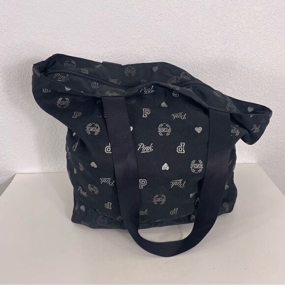 Victoria’s Secret Pink Black Monogram Logo Zipper Close Tote Bag - Picture 4 of 6